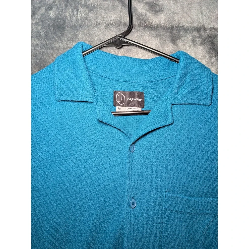 Original Use Camp Collar Shirt Cotton Blend Mens Medium Teal Blue Waffle Knit